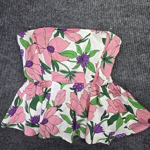 Anthropologie Banjanan Top Womens M Pink Floral Strapless Smocked Peplum Blouse